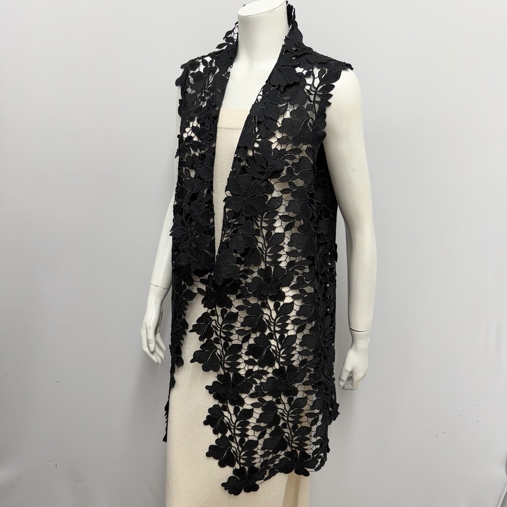 Elie Tahari Long Duster or Vest Black Brocade Floral Lace Art to Wear Size S/P